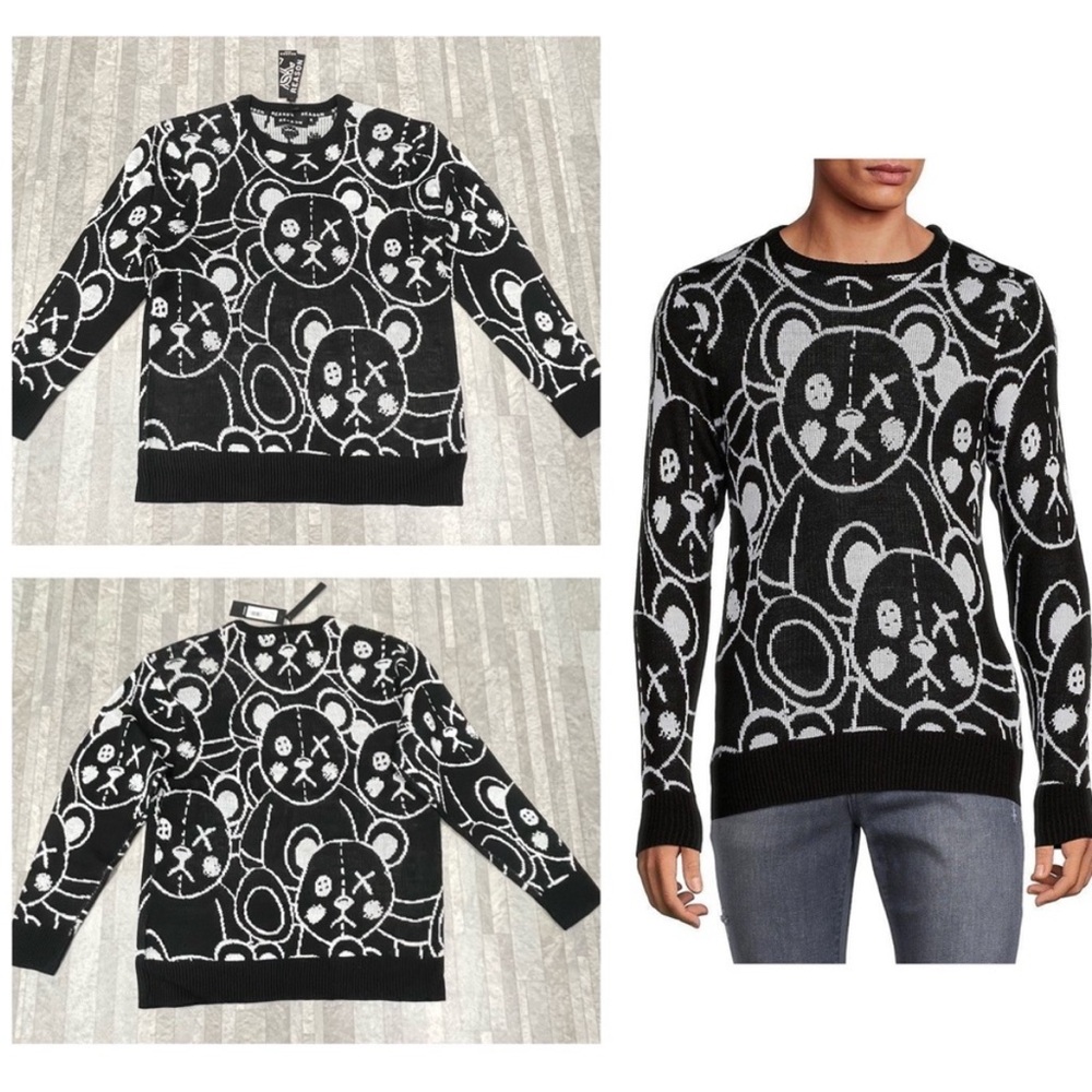NWT Reason Clothing XO Teddy Knit Sweater Black & White Size Large